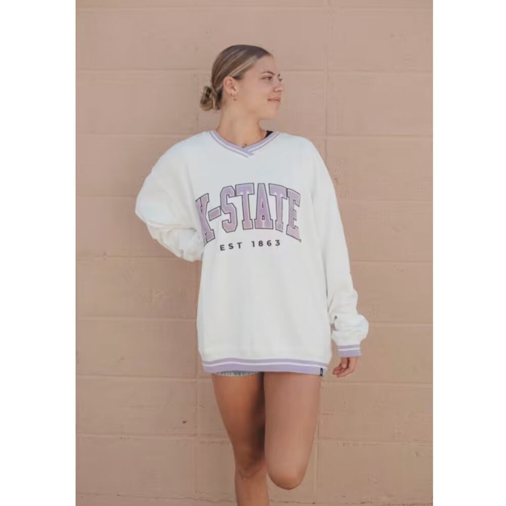 Gameday Social K-State Wildcats White Purple Chenille Sweatshirt sz XL